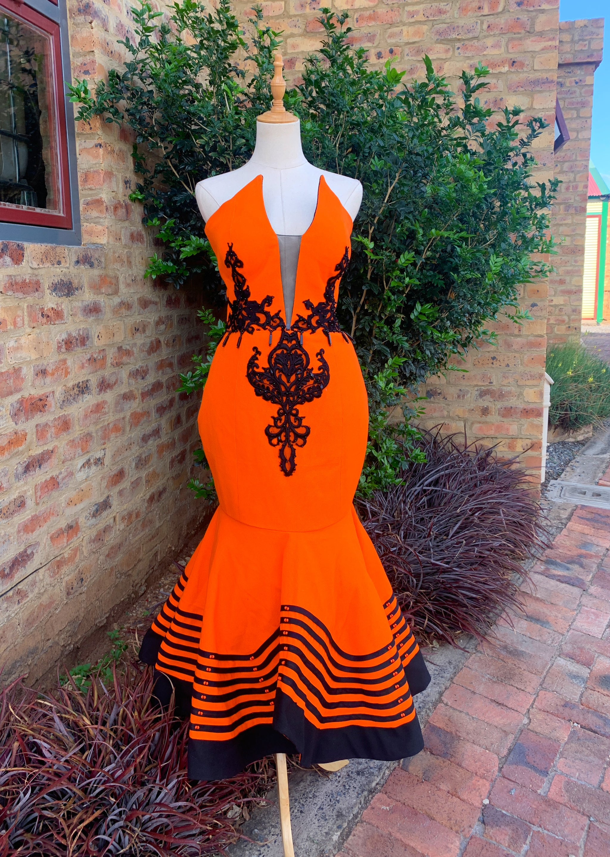Xhosa dress in Orange with lace accents - Zulubeads Ada Xhosa dress in Orange with lace accents - Zulubeads Ada