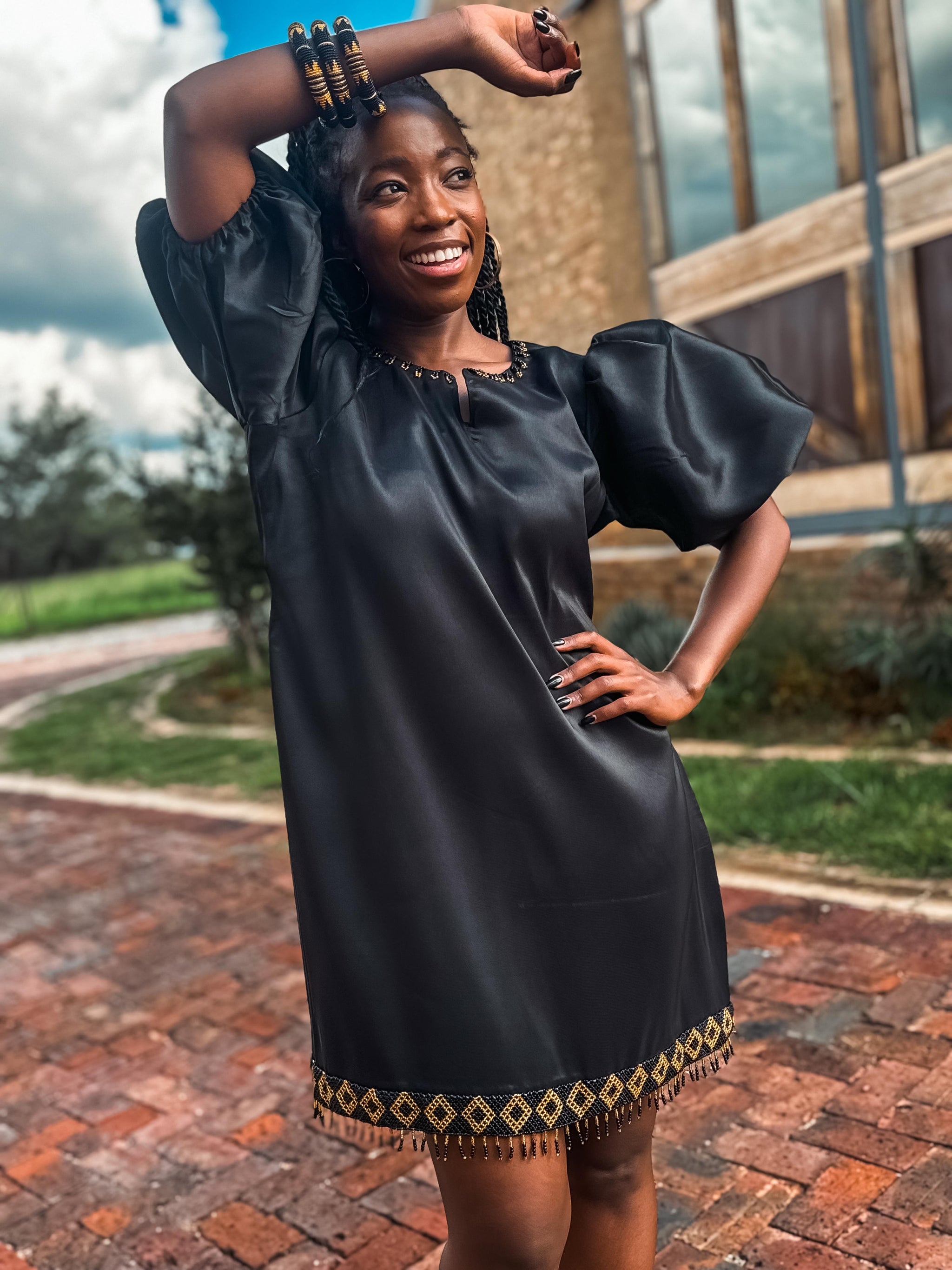 Otsah Beaded Shift Dress in Satin - Zulubeads Ada Otsah Beaded Shift Dress in Satin - Zulubeads Ada