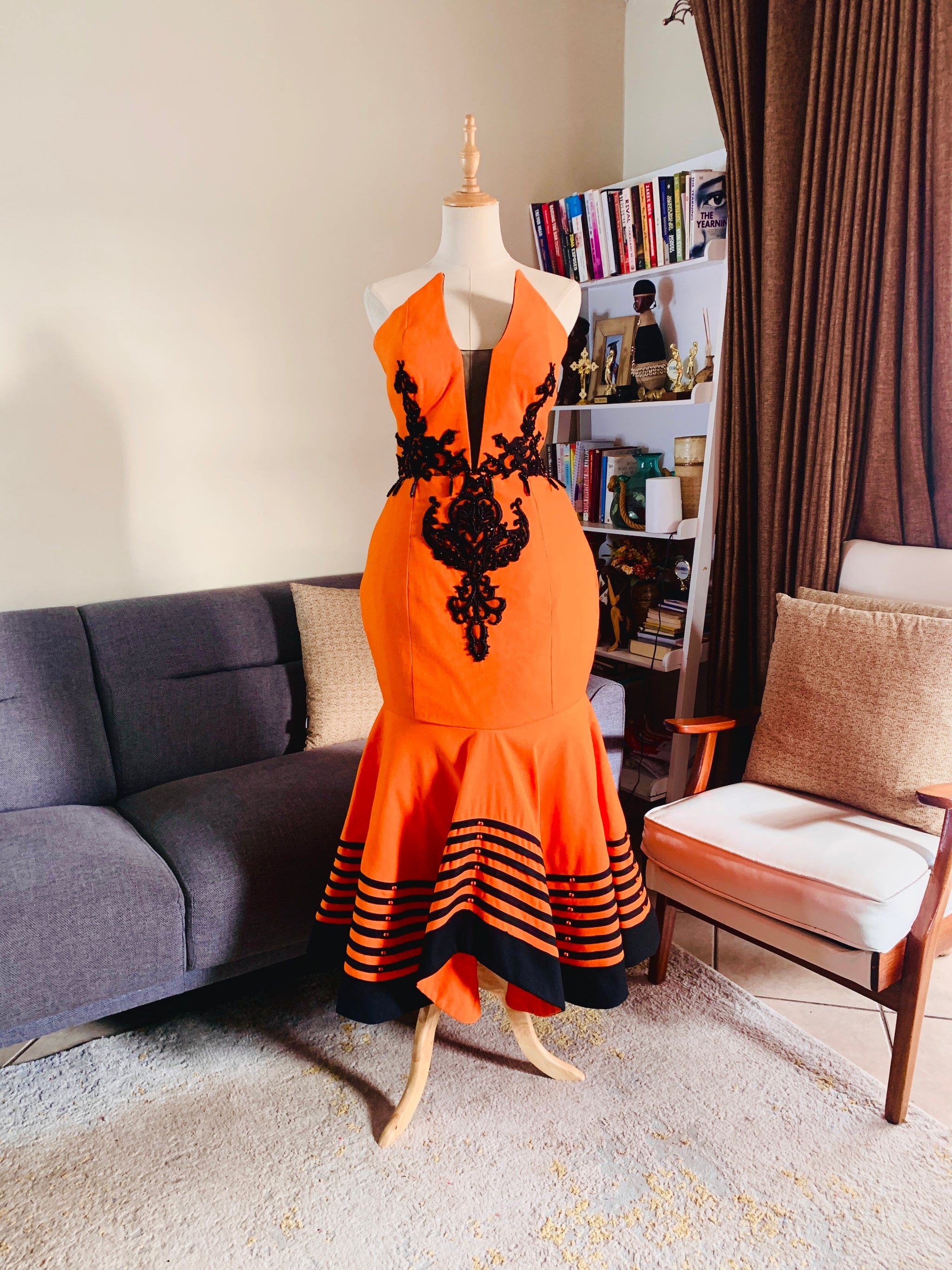 Xhosa dress in Orange with lace accents - Zulubeads Ada Xhosa dress in Orange with lace accents - Zulubeads Ada