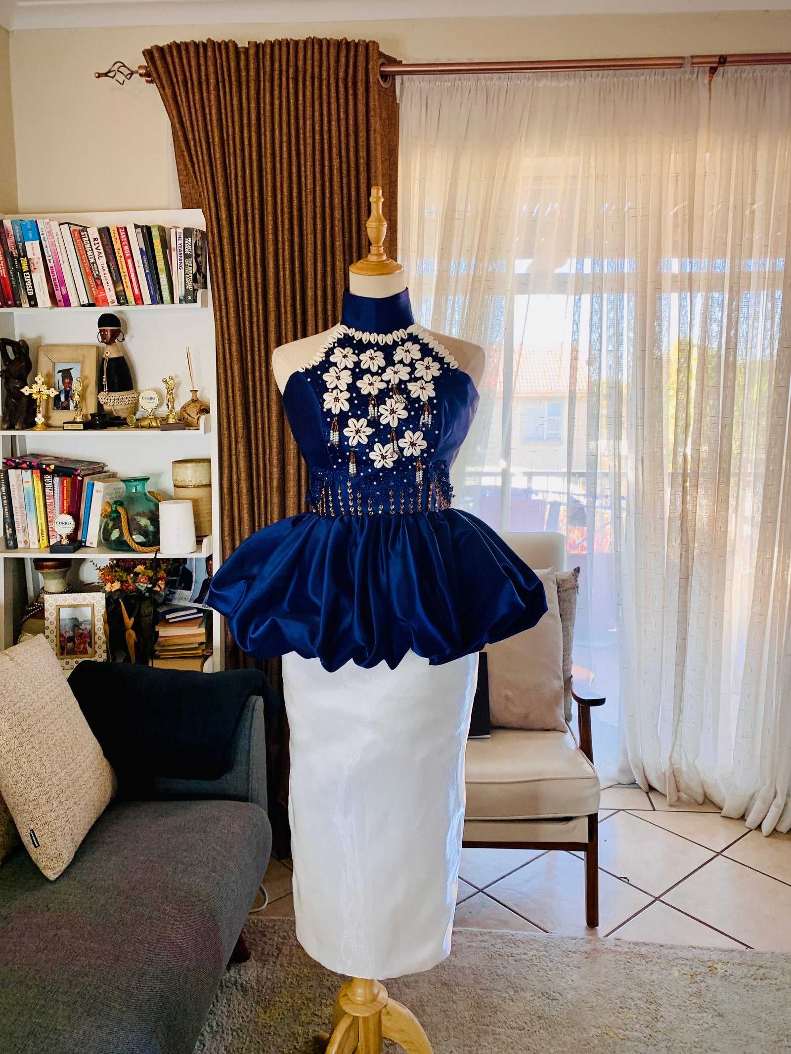 Cowry shells and beads two-piece dress in Navy and white