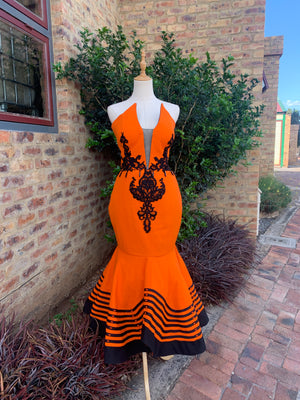 Xhosa dress in Orange with lace accents