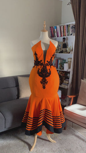 Xhosa dress in Orange with lace accents