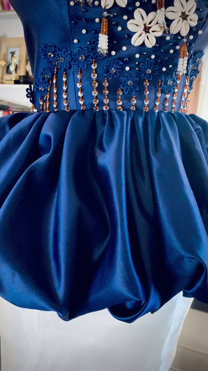 Cowry shells and beads two-piece dress in Navy and white