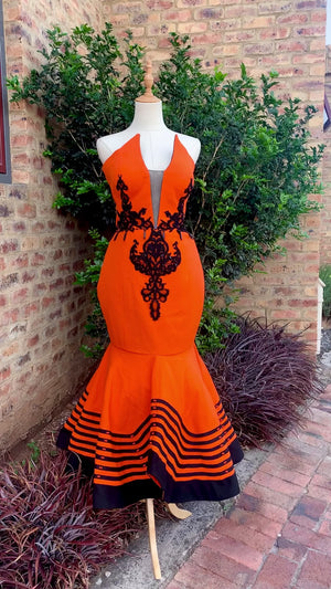 Xhosa dress in Orange with lace accents