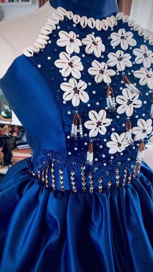 Cowry shells and beads two-piece dress in Navy and white