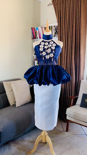 Cowry shells and beads two-piece dress in Navy and white