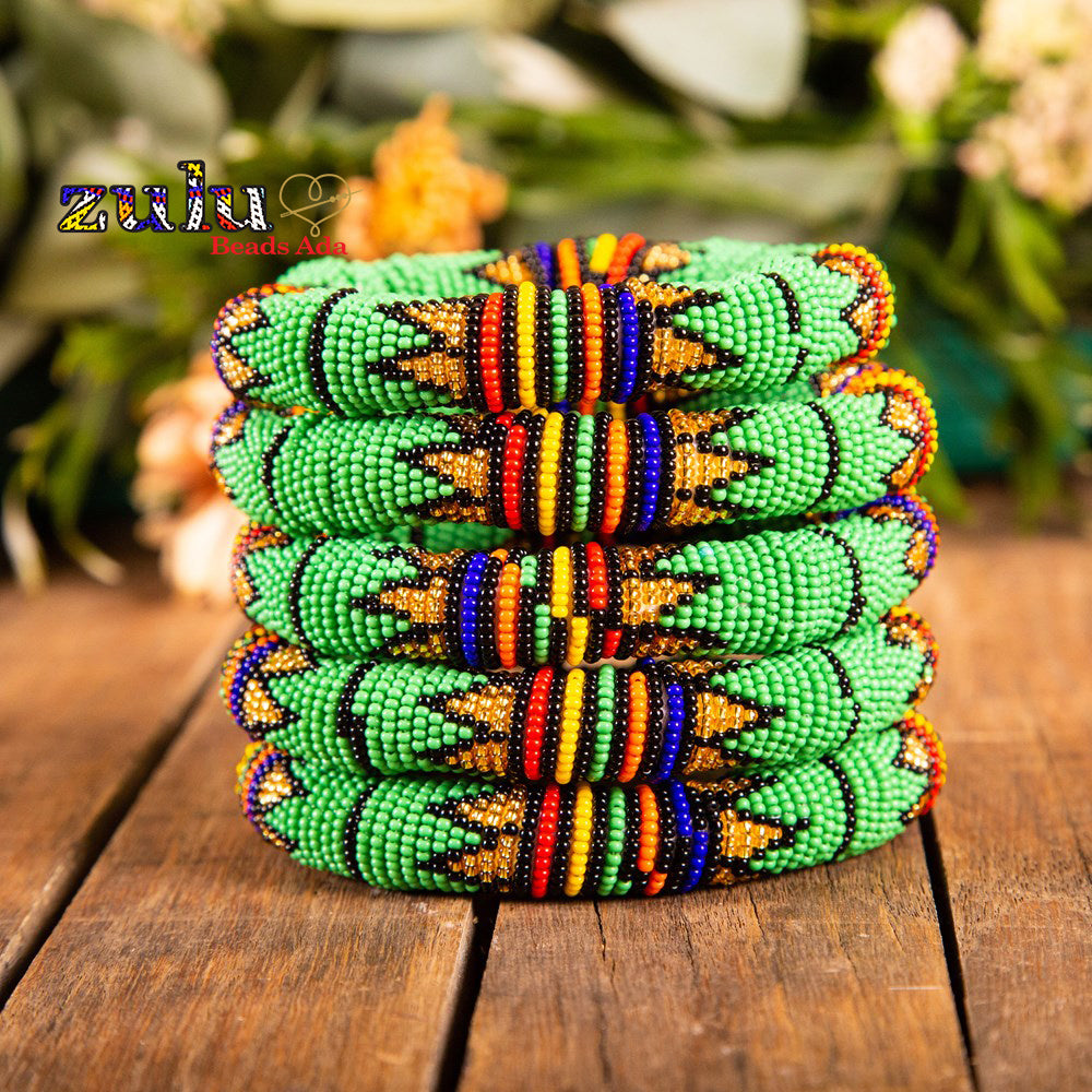 5 Zulu Beaded Bangles (Thick) Green