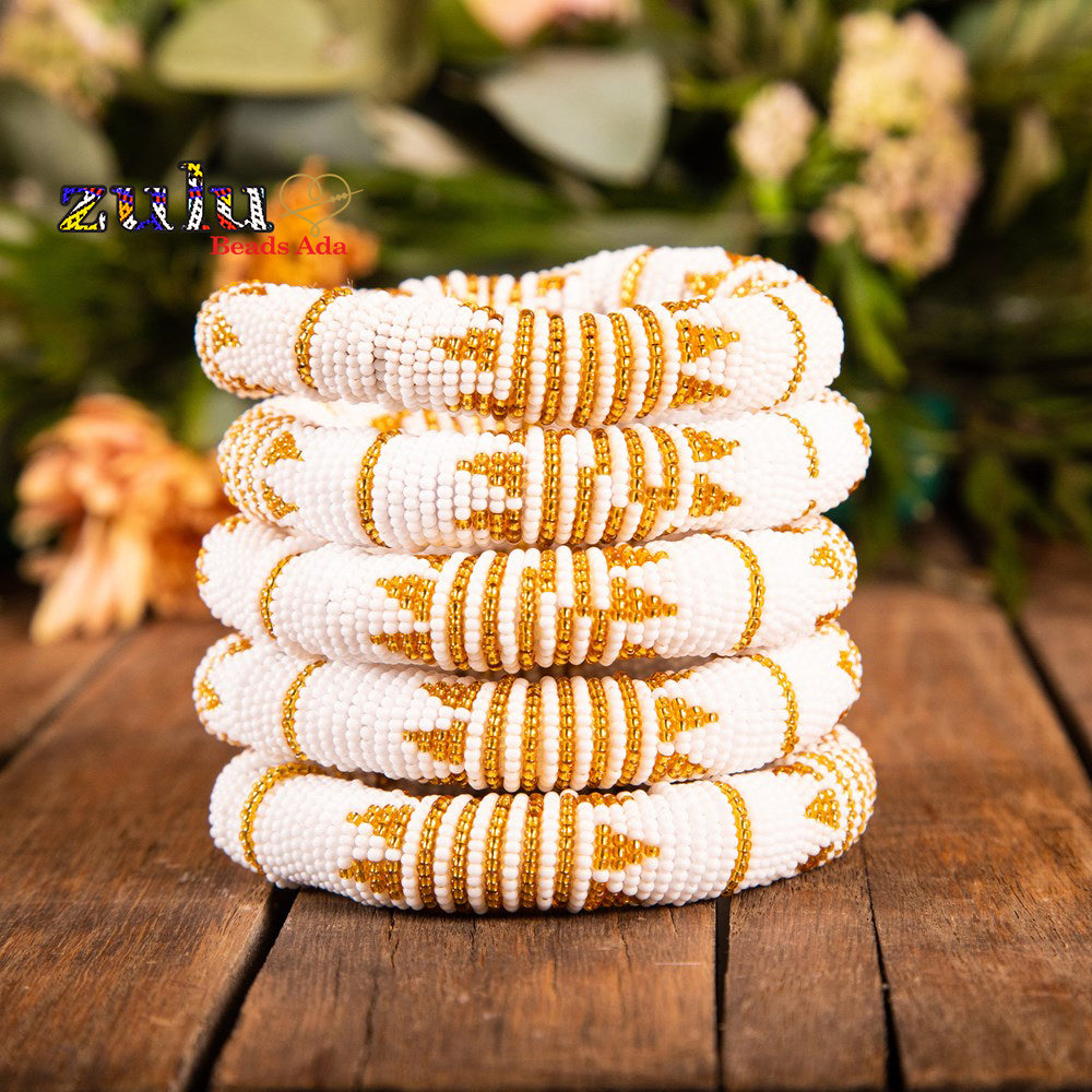 5 Zulu Beaded Bangles (Thick) White and Gold.
