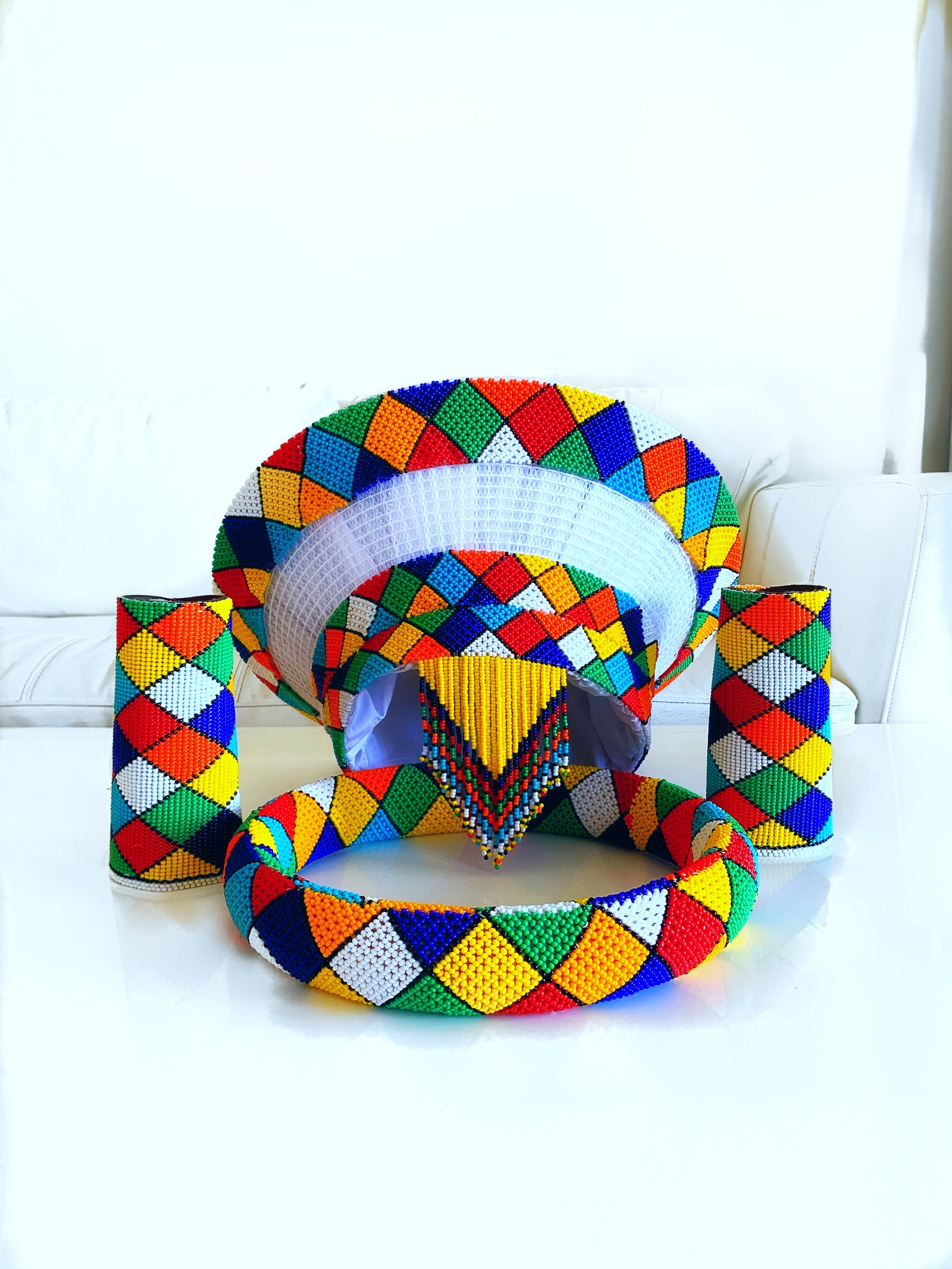 Diamond bridal beaded set of hat, cuffs and neck ring