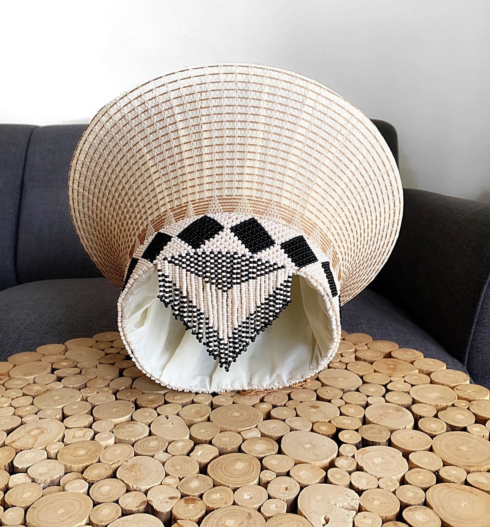 Cream and black beaded hat