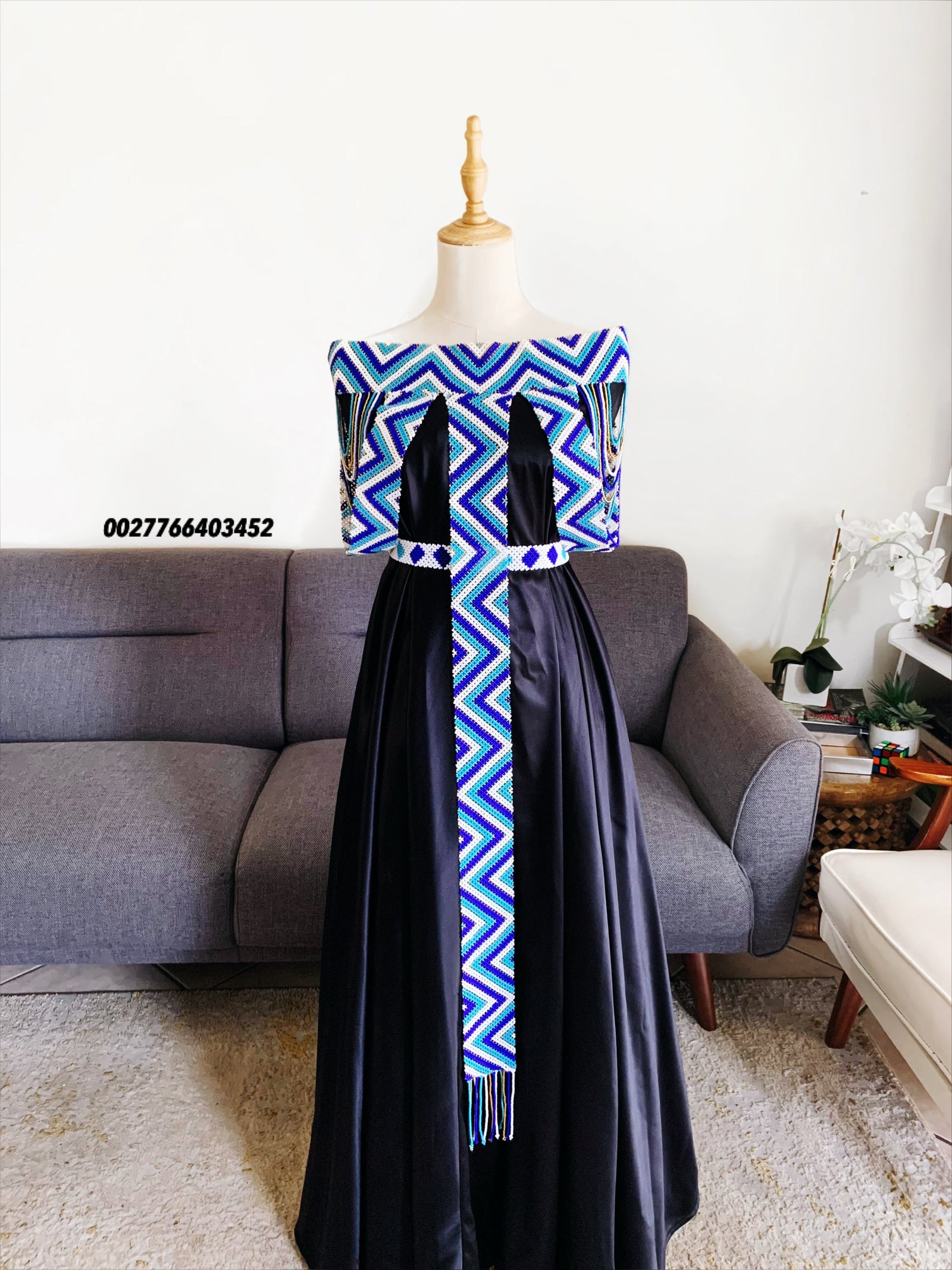 Body beads and belt in blue, powder blue, white and gold