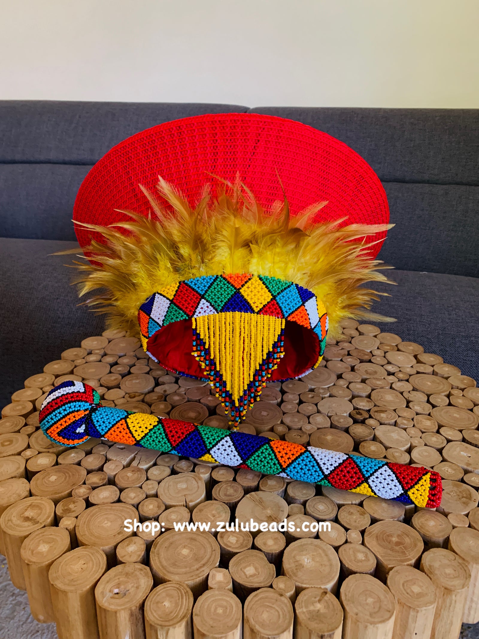 Red Feather Beaded Hat and Matching Knobkerrie