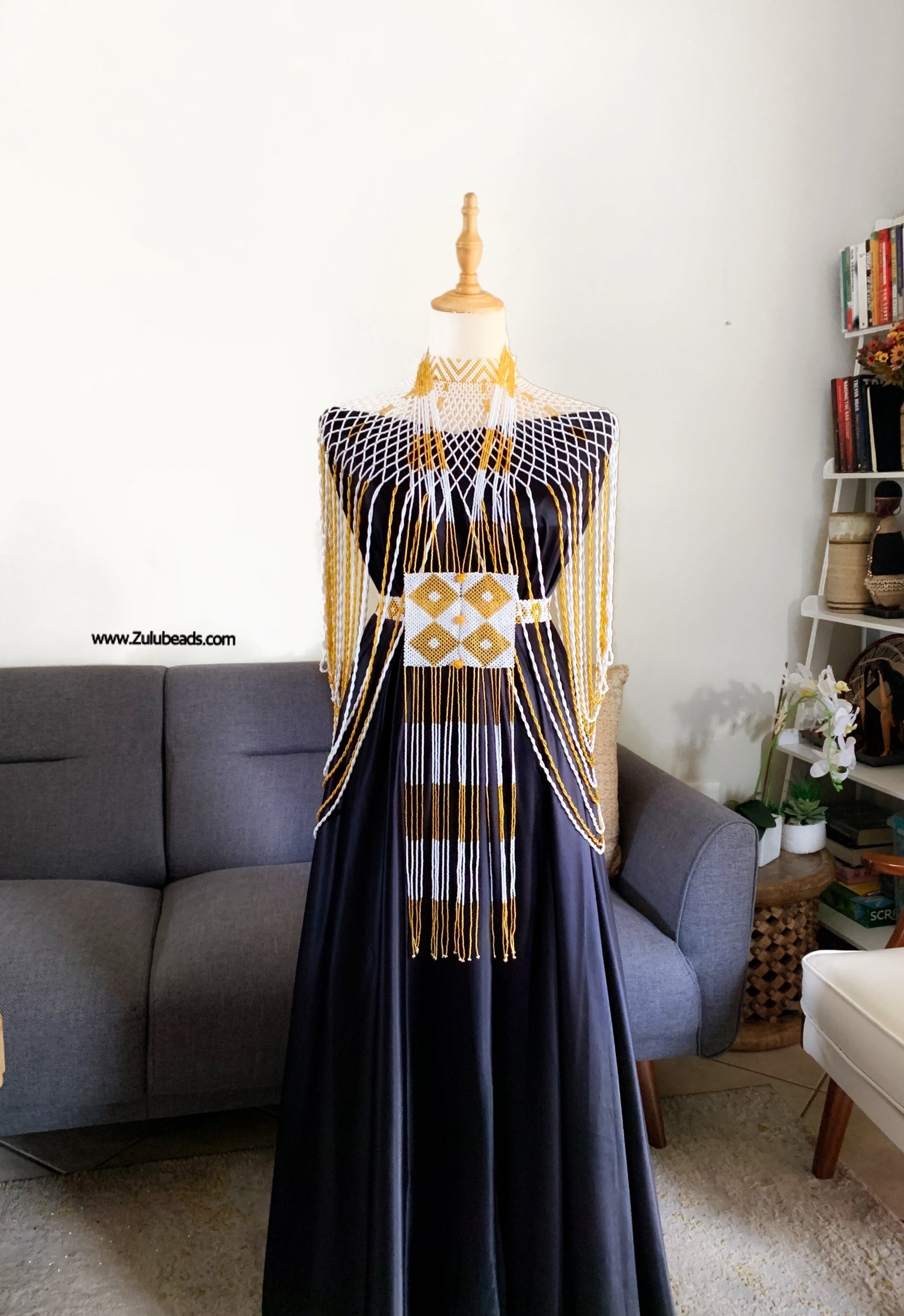 White and gold necklace, belt and scarf set