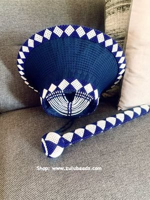 Navy Blue and White Beaded Hat and Knobkerrie Set