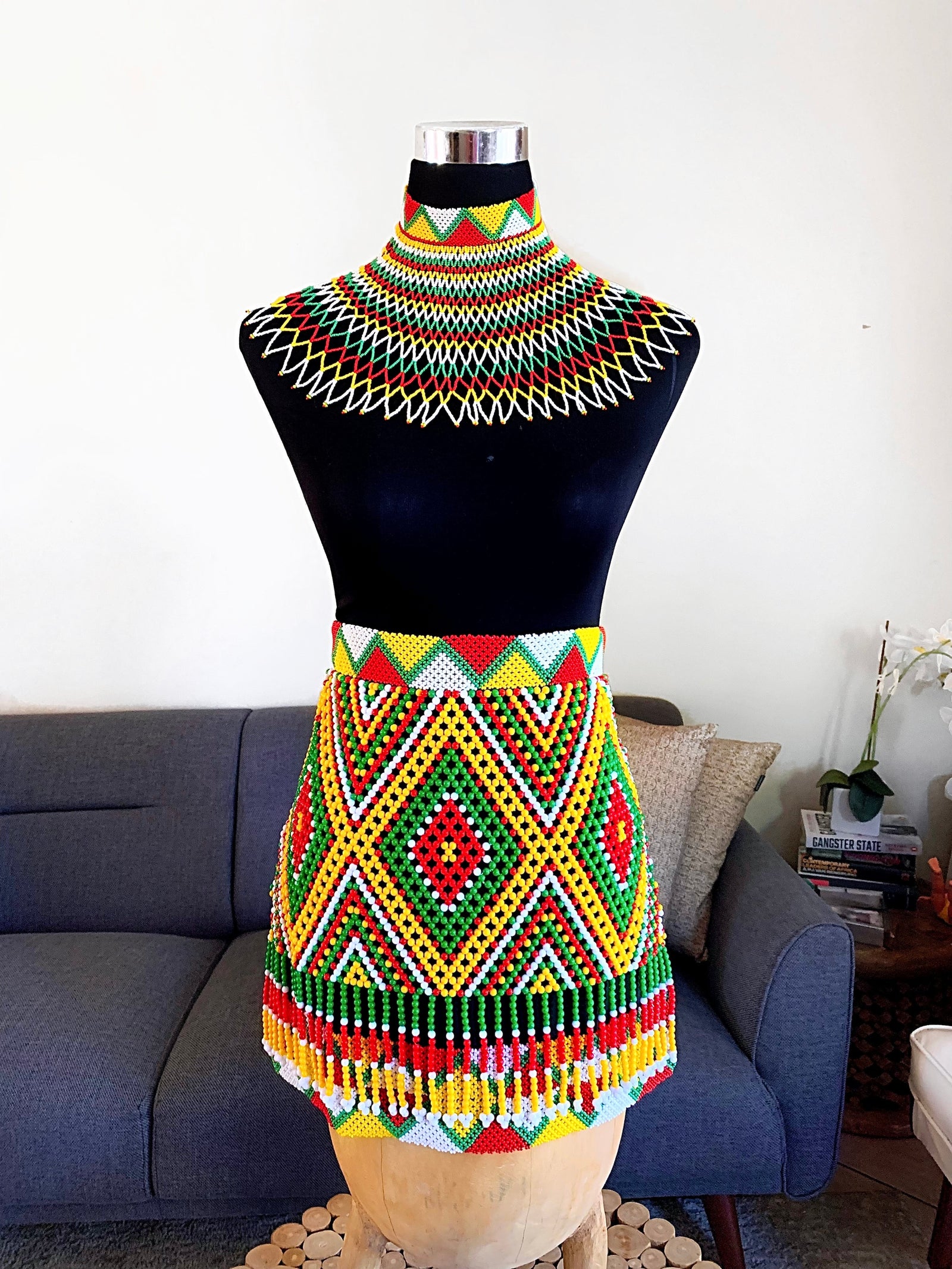 Yellow, red, green and white apron and necklace set